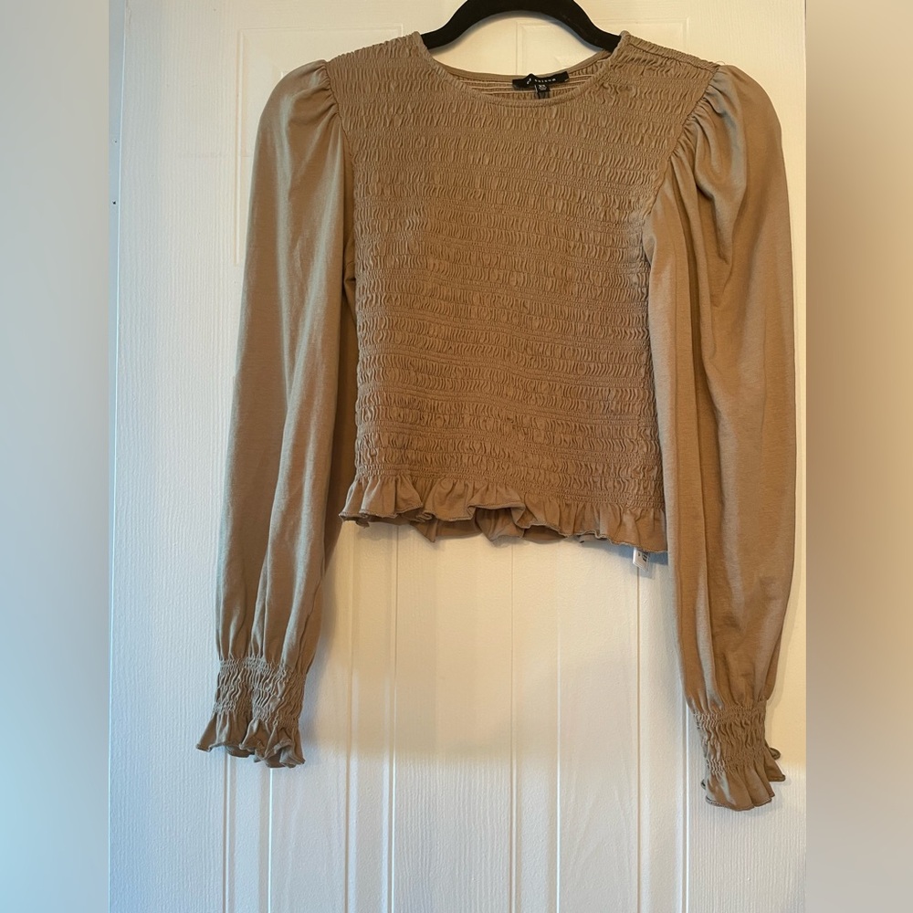 En Saison Tan Smocked Ruffled Blouse